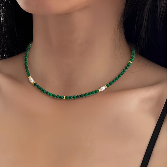 Natural Green Malachite Necklace 17in Beaded Choker with Gold Beads Pearl - Picture 2 of 6